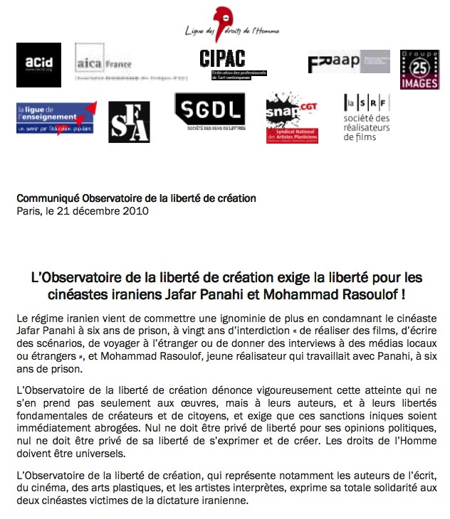 Soutien à Jafar PANAHI ; Communiqué de l'Observatoire de la liberté de création.LDH 